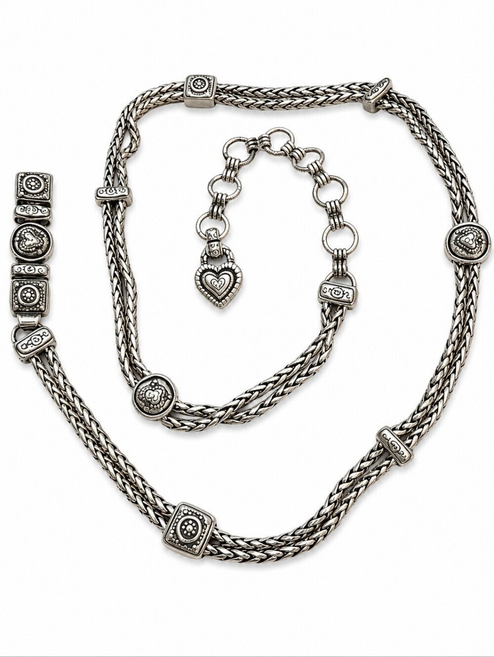 BRIGHTON Silver Plated Double Wheat Chain Hearts Chain Belt Large/XL